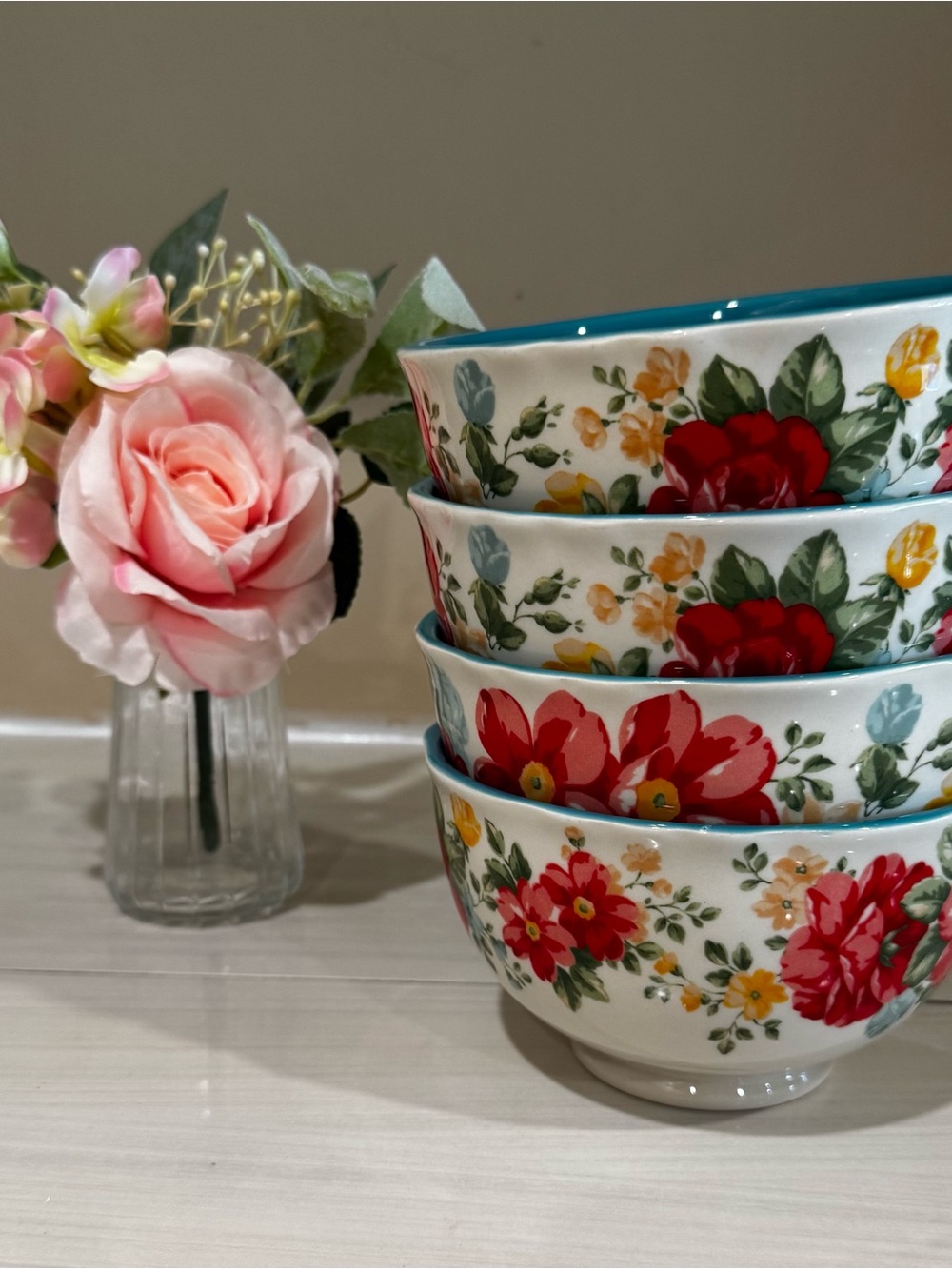 The Pioneer Women Floral Ceramic Cereal Bowls - Red & Yellow Flower Pattern Four